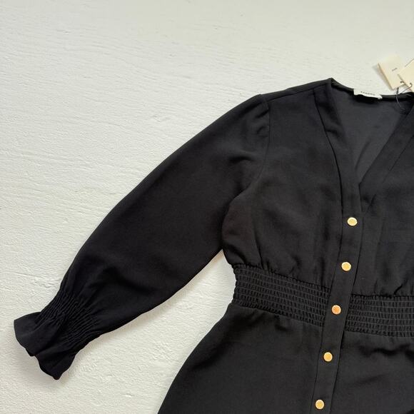 Sandro Paris Black Smocked Waist Button Down Mini Dress, Size Medium - Picture 2 of 8